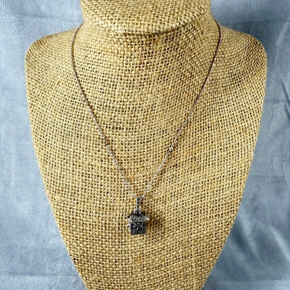 Silver-Tone Prayer Box Locket Necklace Ornate Etching & Purple Gemstone Accents - Picture 3 of 16